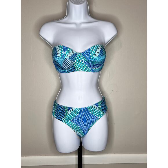 Echo Geometric Strapless Bikini Top & Bikini Bottom Set Blue Women's Size M NWT - Picture 2 of 7
